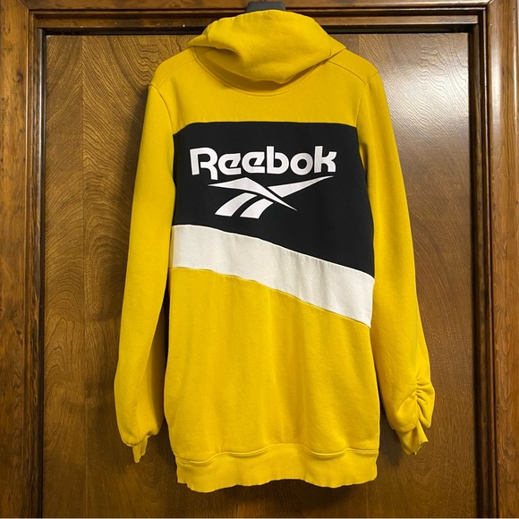 Reebok Medium Sweatshirt Dress with Ruched Sleeves, pockets, bright yellow retro - Picture 1 of 9
